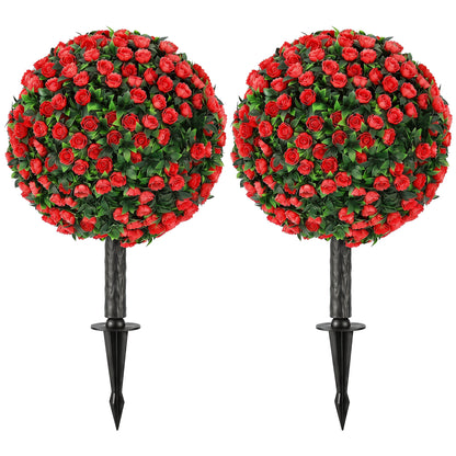 HOMCOM Artificial Rose Topiary UV Resistant, 2-Pack Fake Plants, 55 cm, Red