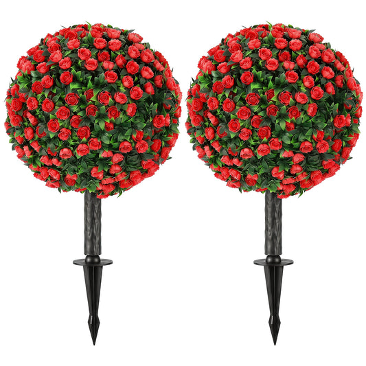 HOMCOM Artificial Rose Topiary UV Resistant, 2-Pack Fake Plants, 55 cm, Red