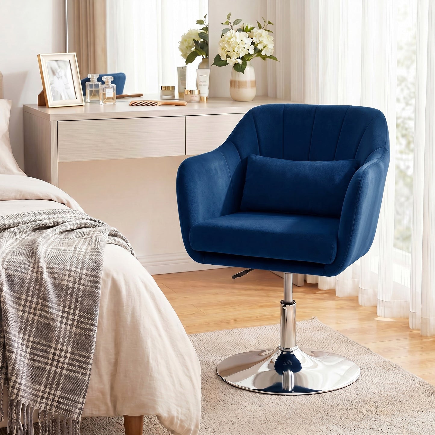 HOMCOM Retro Velvet Swivel Tub Chair with Steel Frame, Cushion Seat, Dark Blue