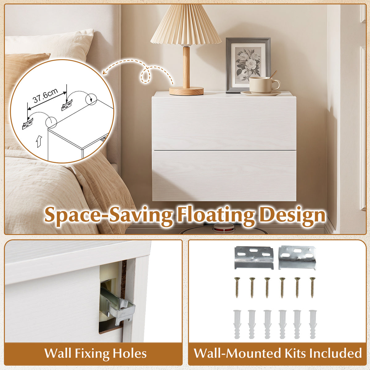 Floating Nightstand with Storage Drawers Wall Mounted for Living Room Bedroom-White