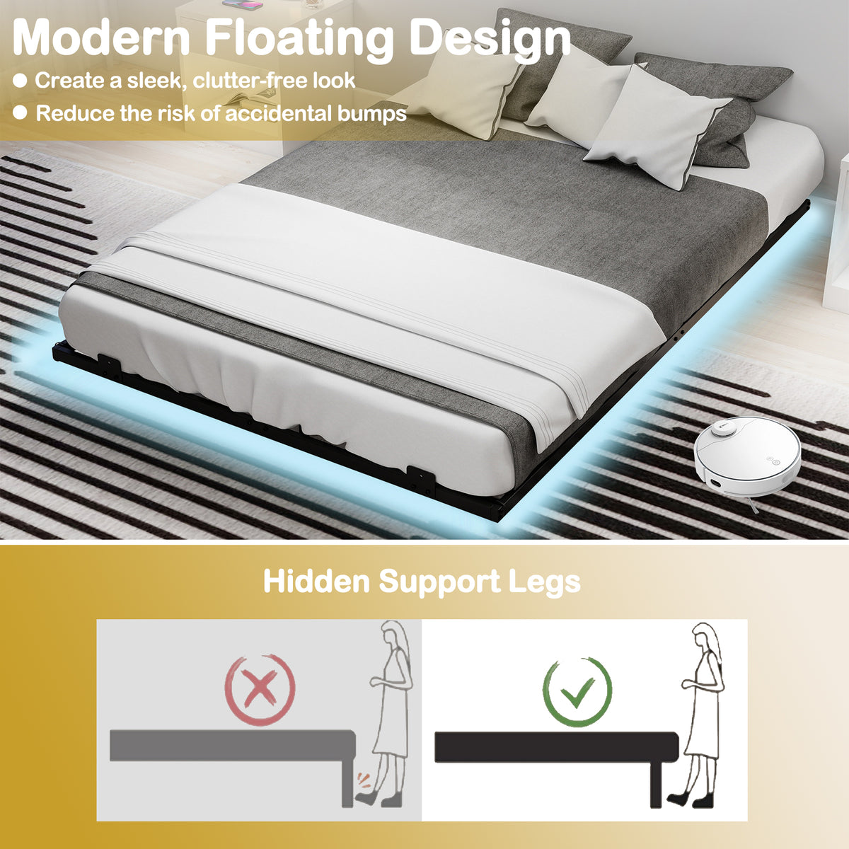 Double/King Size Floating Bed Frame Modern Metal Platform Bed with LED Lights-Double Size