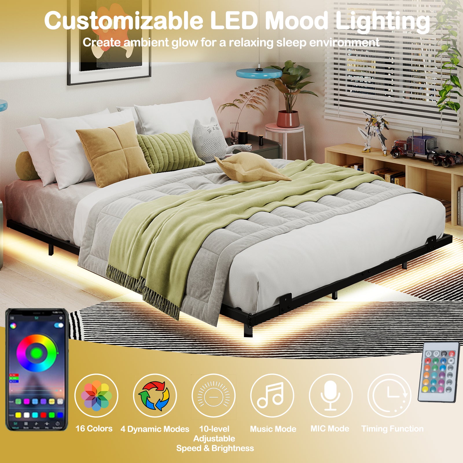 Double/King Size Floating Bed Frame Modern Metal Platform Bed with LED Lights-king size