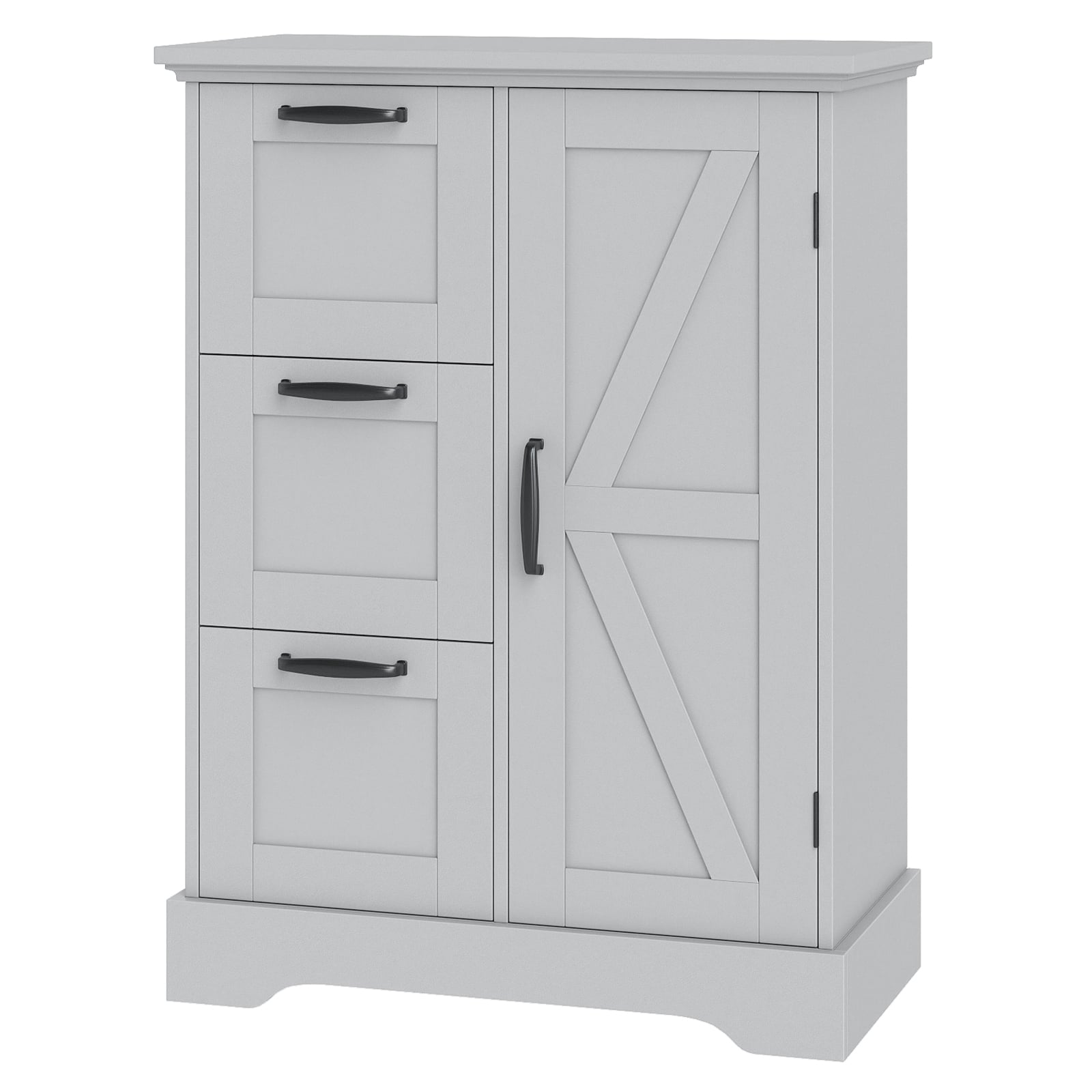 Floor Cabinet with Barn Door and 3 Storage Drawers-Grey