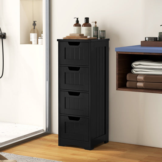 The freestanding bathroom cabinet with four drawers shown in a bathroom setting next to a shower