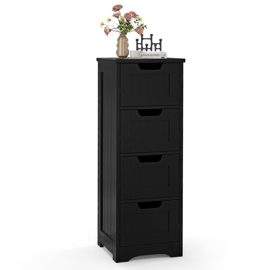 Floor Storage Cabinet Freestanding Bathroom Cabinet with 4 Drawers-Black, a tall black cabinet with four drawers