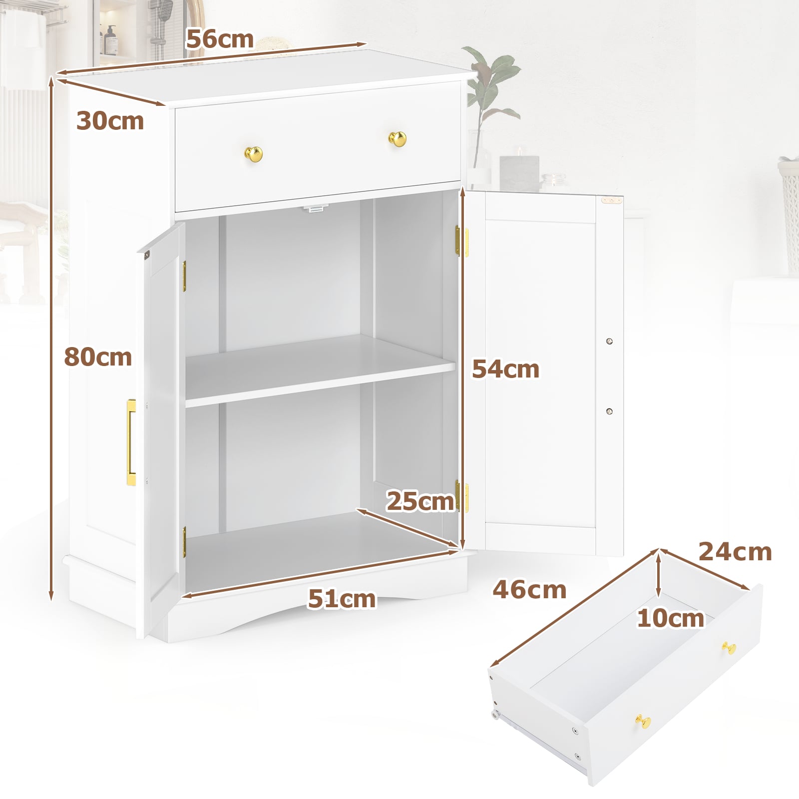 Floor Storage Cabinet with Doors and Adjustable Shelf-White