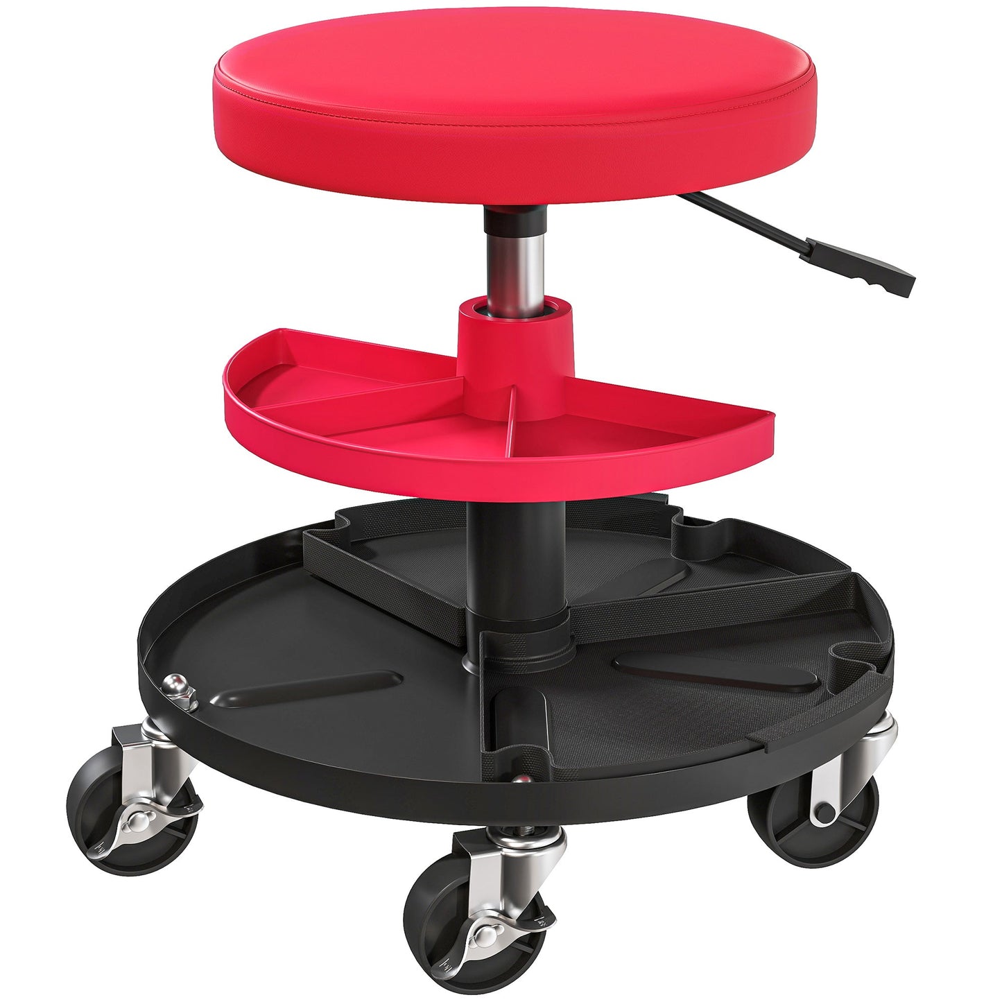 HOMCOM Rolling Mechanic Stool, 135kg Capacity Workshop Stool, 360 degrees Swivel Roller Padded Creeper Seat with Wheels, Tool Trays Storage for Garage, Shop, Auto Repair, Red