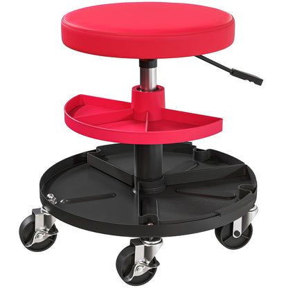HOMCOM Rolling Mechanic Stool, 135kg Capacity Workshop Stool, 360 degrees Swivel Roller Padded Creeper Seat with Wheels, Tool Trays Storage for Garage, Shop, Auto Repair, Red