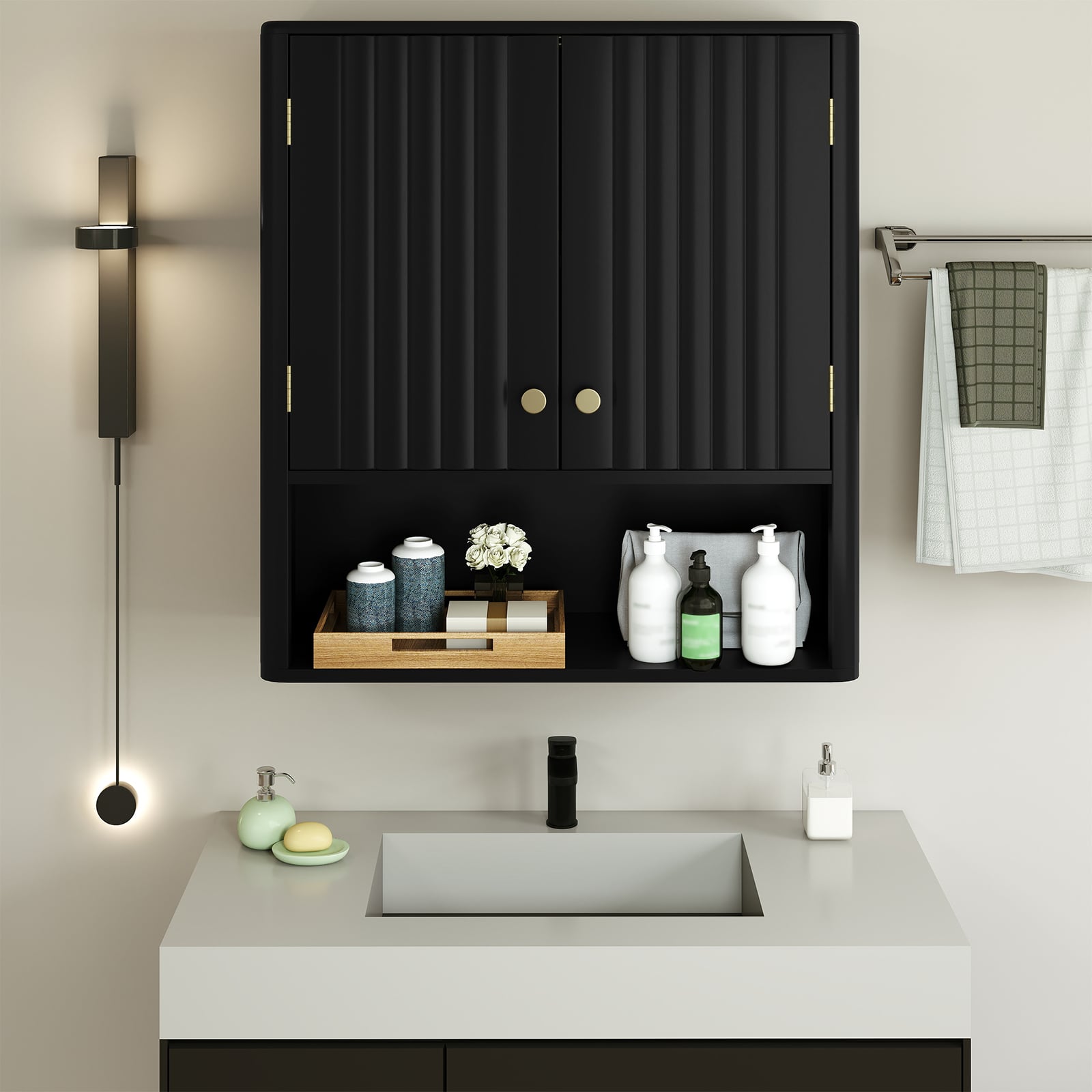 Fluted Bathroom Wall Cabinet Modern Double Door Medicine Cabinet-Black
