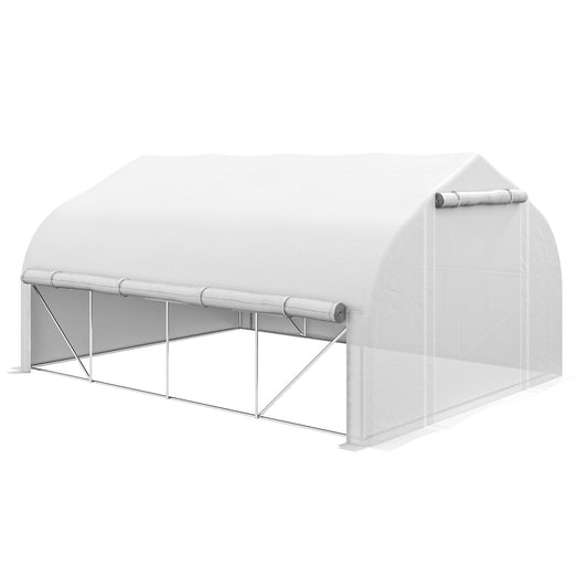 دفيئة Outsunny 4 × 3 (م) نفق بلاستيكي للمشي، جدران جانبية قابلة للطي بسحاب، باب شبكي، 8 نوافذ شبكية، خيمة دفيئة دافئة بنفق مع غطاء PE، ملصقات نباتات وقفازات مجانية، أبيض