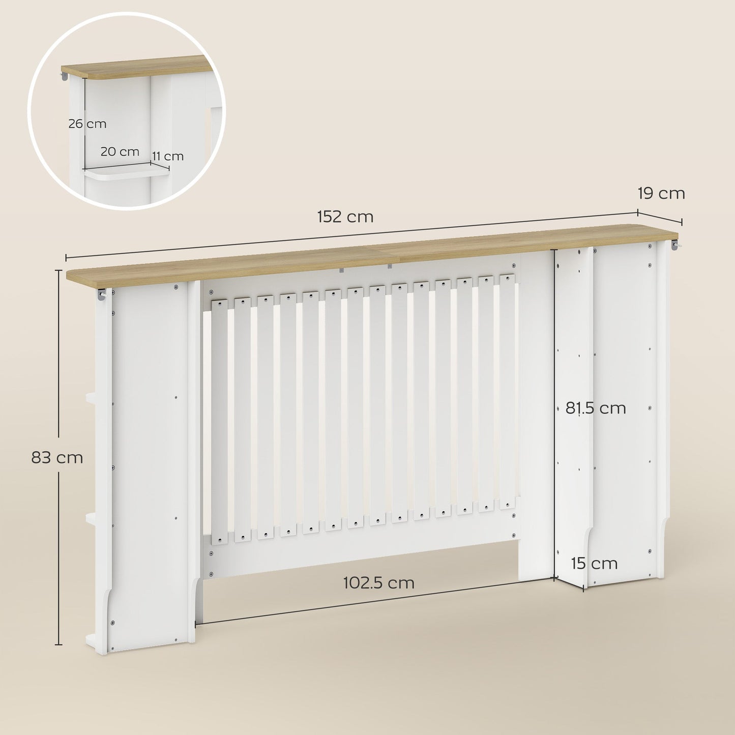 HOMCOM Radiator Cover with Open Storage Shelves, Vertical Slatted Cabinet Shelf Heater Cover for Living Room, Hallway, Large, White