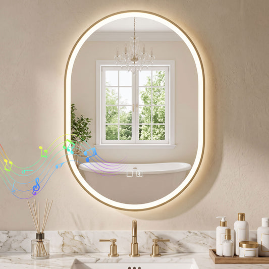 HOMCOM Bathroom Mirror with LED Lights, 100x70cm Oval Bathroom Mirror, Dimmable, Bluetooth, Anti-Fog, Gold Tone
