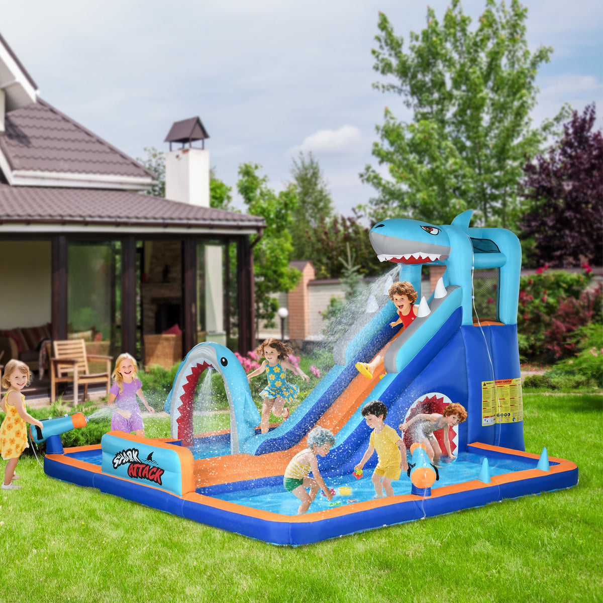 Outsunny 6 in 1 Shark-Themed Bouncy Castle in Multi Colour