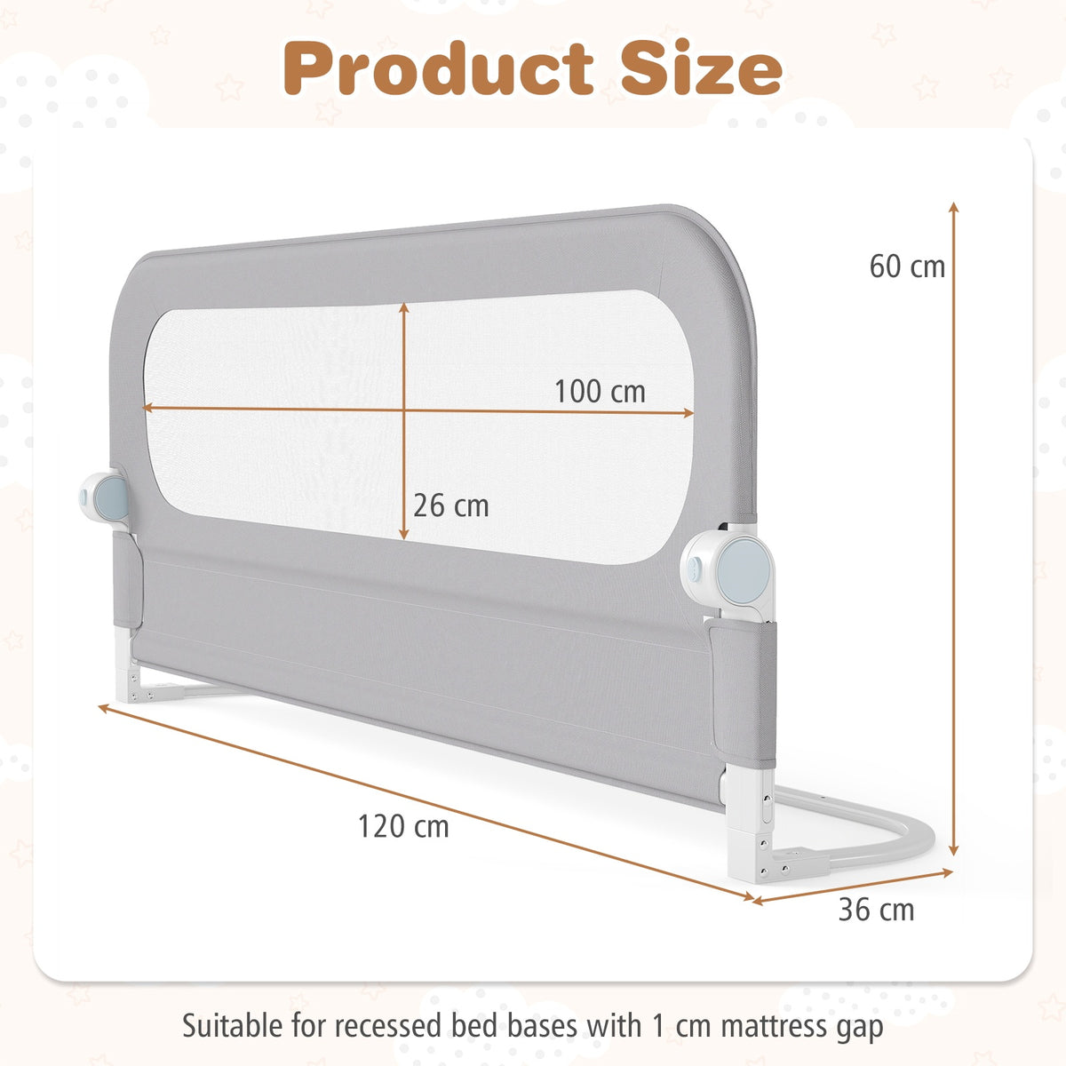 Foldable Bed Rail for Toddlers 120 Long with Removable Cover-Grey