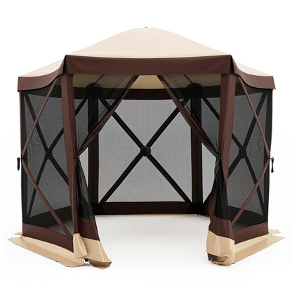Foldable Hexagonal Gazebo with 6 Mosquito Net Sides and Zipped Door with Carry Bag-Brown single size