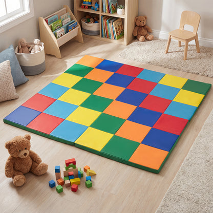 Foldable Patchwork Toddler Activity Mat with Waterproof Faux Leather-Colorful