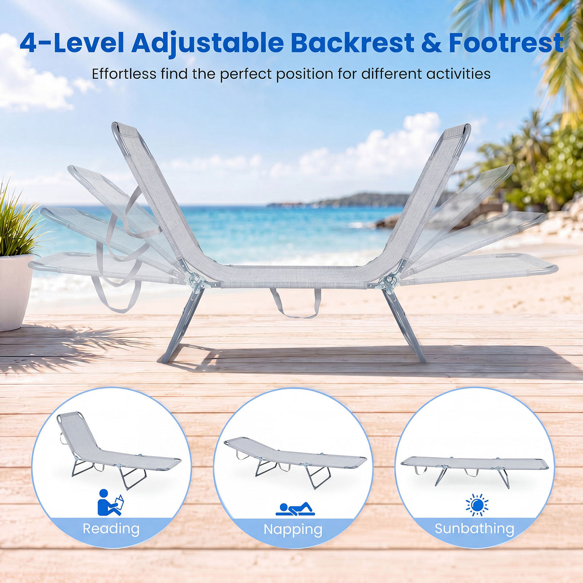 Foldable Sun Lounger Recliner with 4-Position Adjustable Backrest and Footrest-Grey