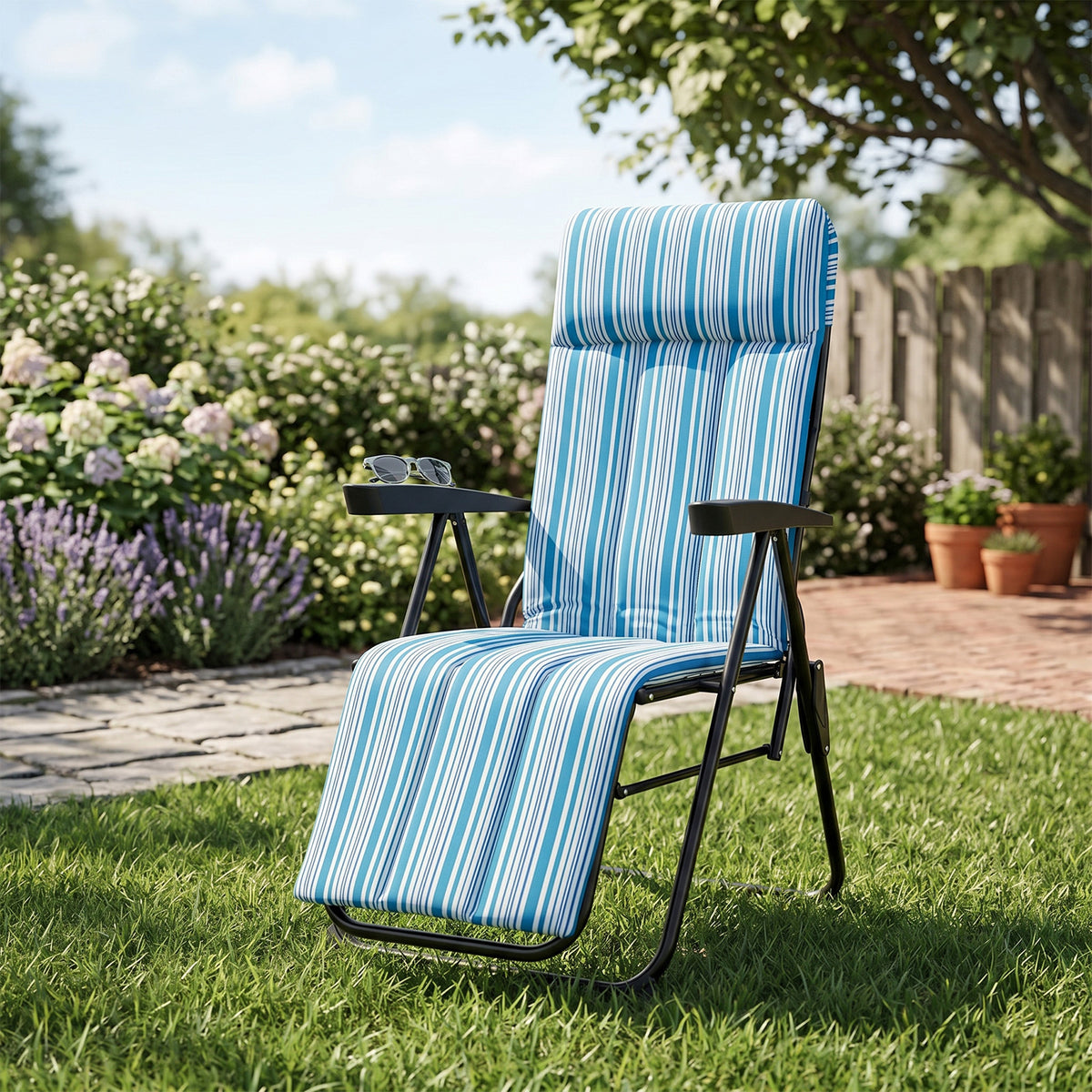 Foldable Sun Lounger Recliner with Adjustable Backrest Headrest and Armrests-Blue