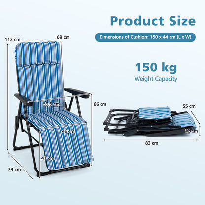 Foldable Sun Lounger Recliner with Adjustable Backrest Headrest and Armrests-Blue