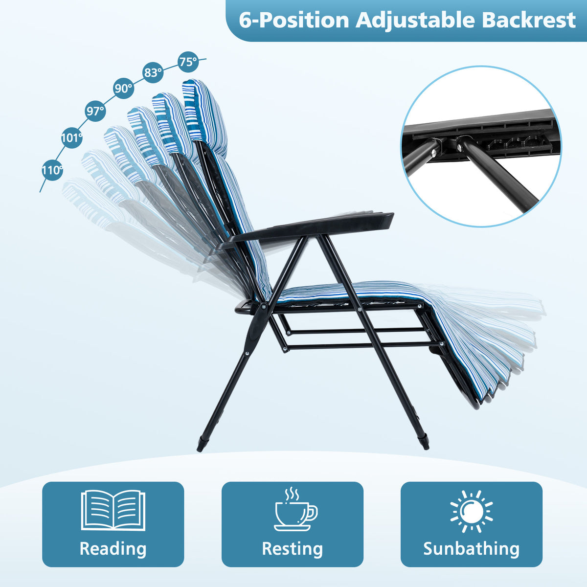 Foldable Sun Lounger Recliner with Adjustable Backrest Headrest and Armrests-Blue