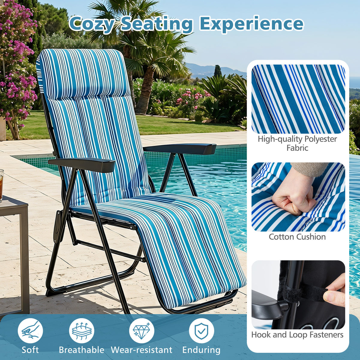 Foldable Sun Lounger Recliner with Adjustable Backrest Headrest and Armrests-Blue