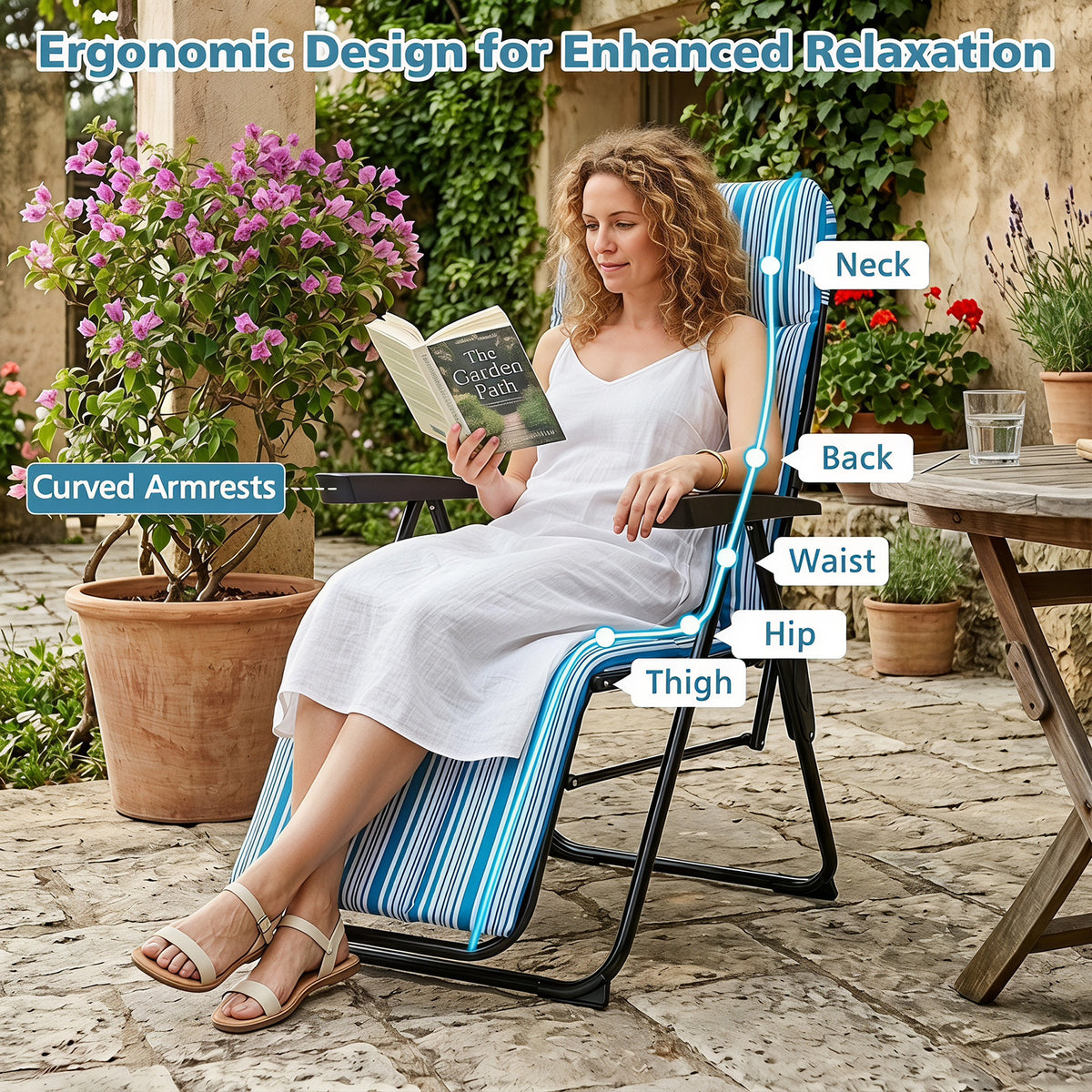 Foldable Sun Lounger Recliner with Adjustable Backrest Headrest and Armrests-Blue