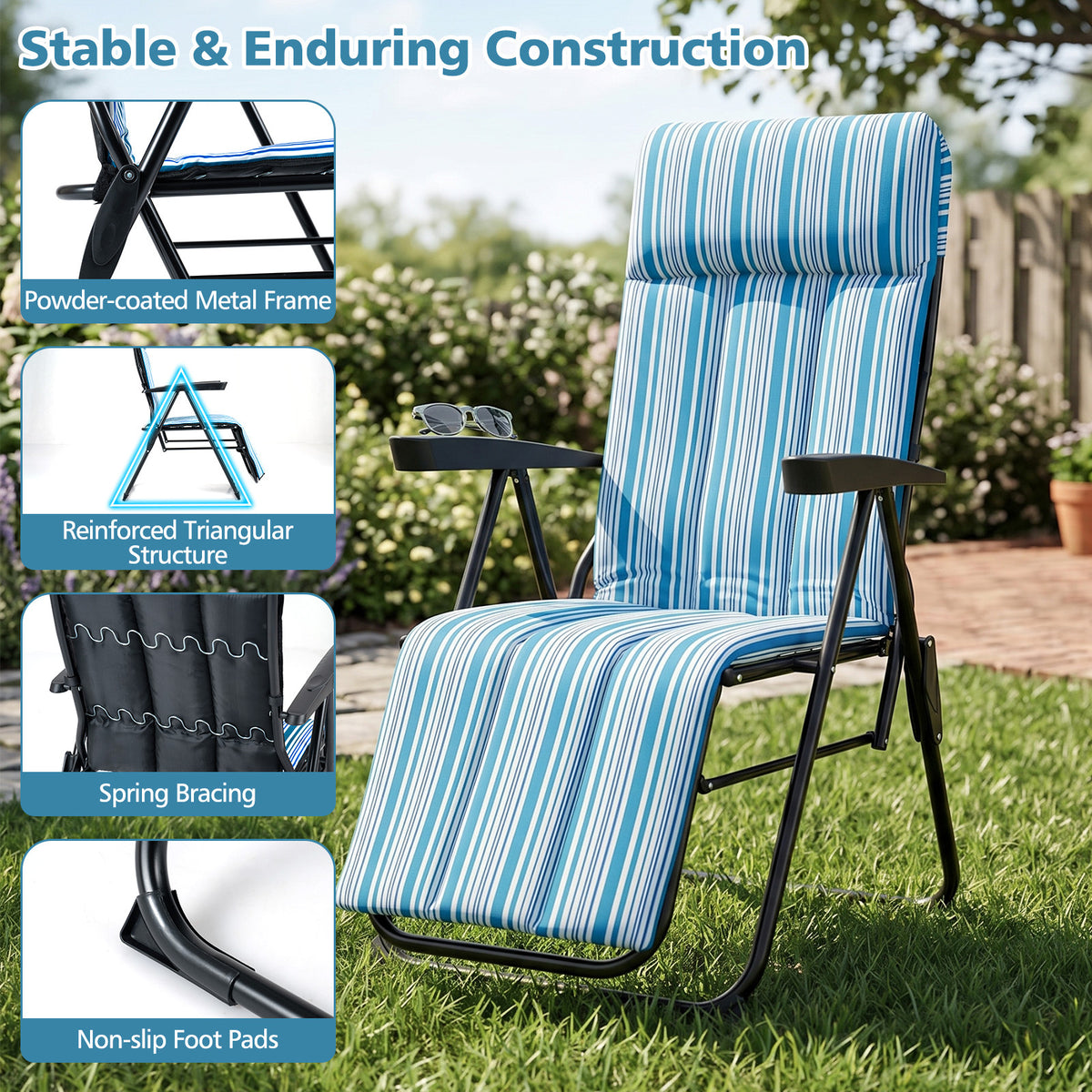Foldable Sun Lounger Recliner with Adjustable Backrest Headrest and Armrests-Blue