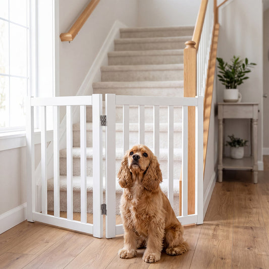 Foldable Wooden Freestanding Pet Gate for House snd Stairs-White