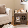 Foldable 2-tier Rattan Cat House Wicker Kitten Condo Indoor Pet Furniture Side Table-Brown