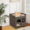 Foldable 2-tier Rattan Cat House Wicker Kitten Condo Indoor Pet Furniture Side Table-Brown