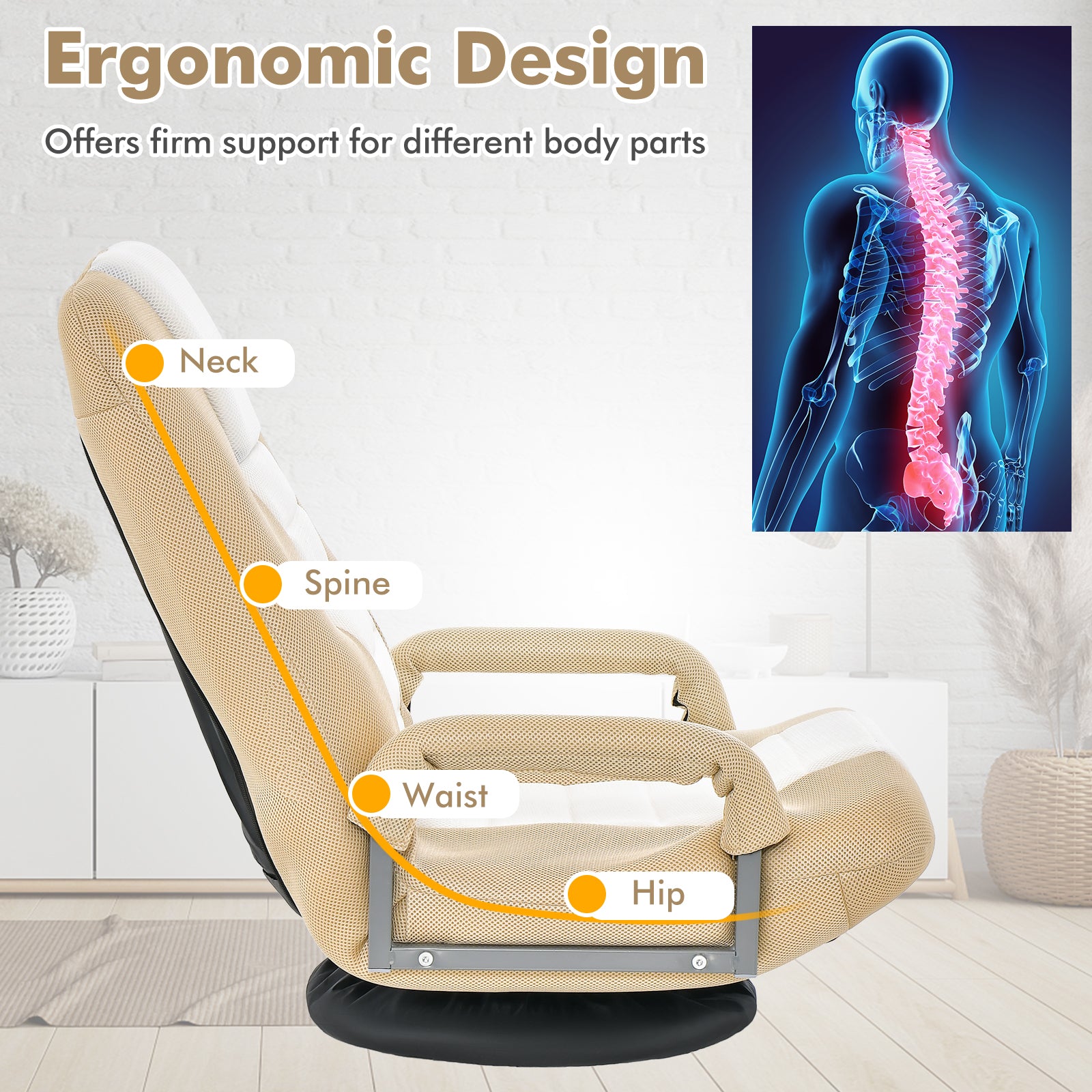 Foldable 360-Degree Swivel Gaming Floor Chair with Adjustable Backrest-Coffee