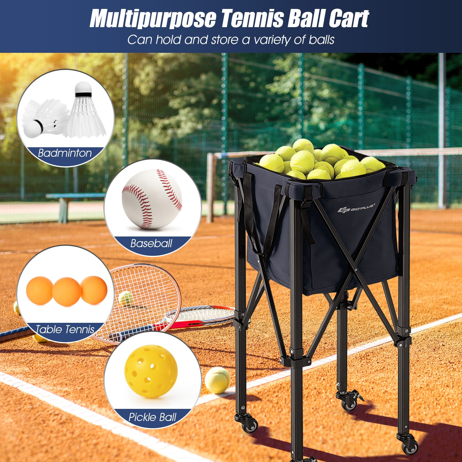 Foldable Aluminum Tennis Ball Cart Hopper Basket with Wheels-Blue