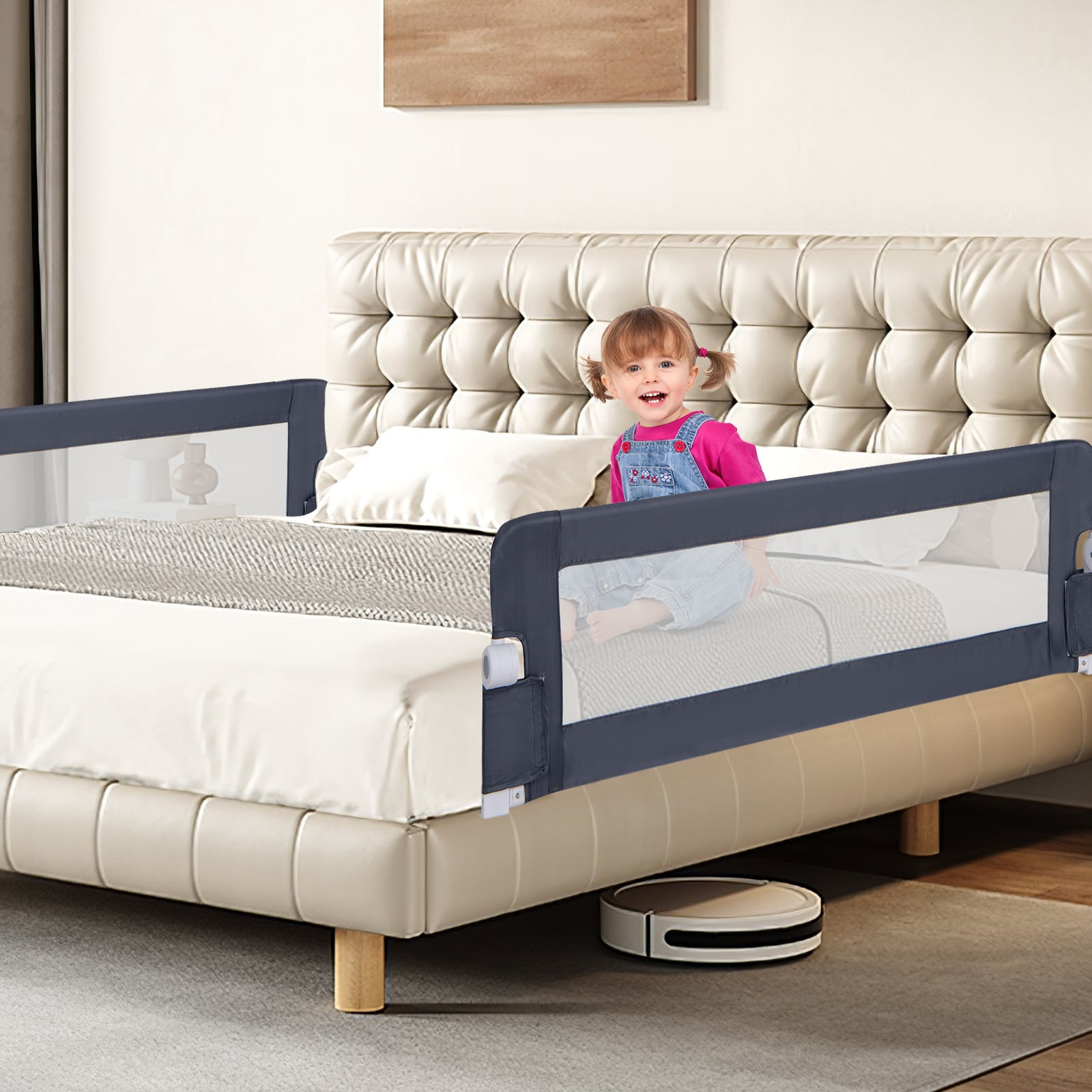 Foldable Bed Rail for Toddlers with Adjustable Safety Strap-Grey