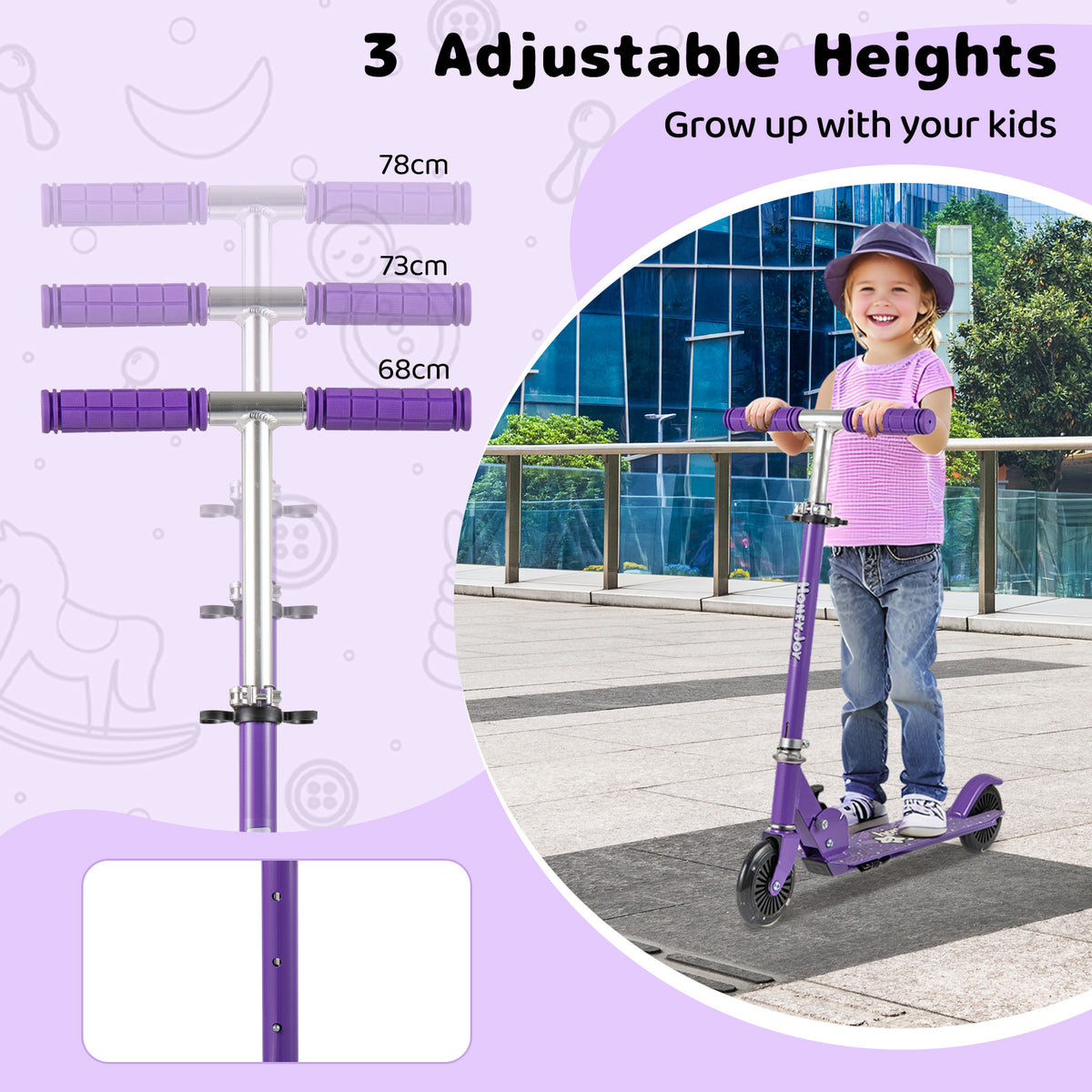 Close up of the adjustable handlebar heights on the purple foldable kids scooter