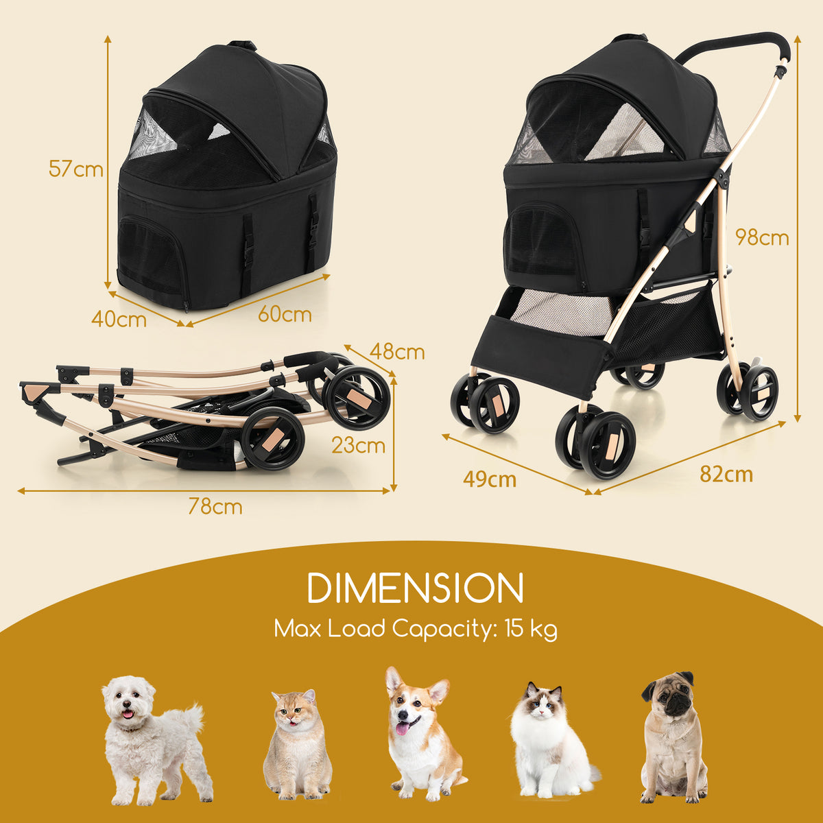 Dimension diagram of the dog stroller with measurements and load capacity