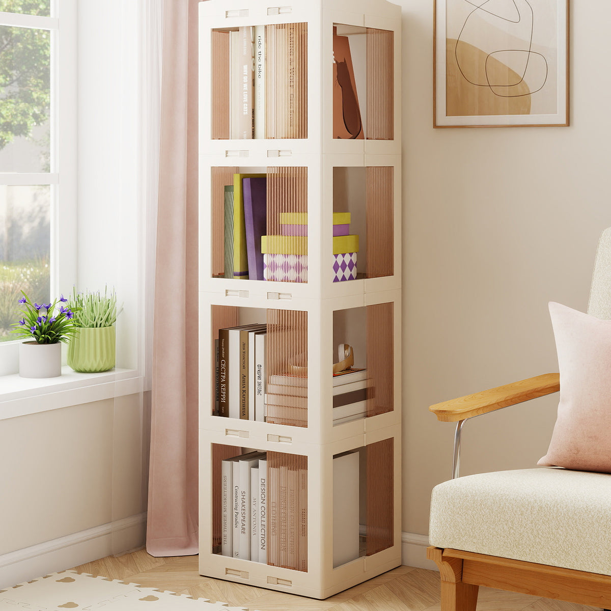 Foldable Rotating Bookshelf 4-Tier Revolving Bookshelf Tower-White