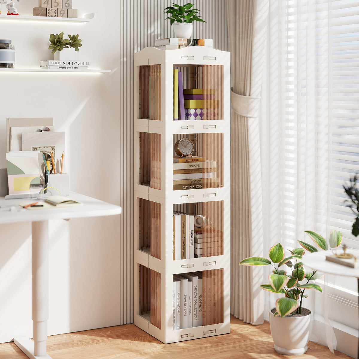 Foldable Rotating Bookshelf 4-Tier Revolving Bookshelf Tower-White
