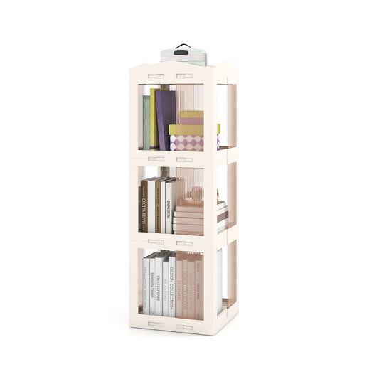 Foldable Rotating Bookshelf 3-Tier Revolving Bookshelf Tower-White