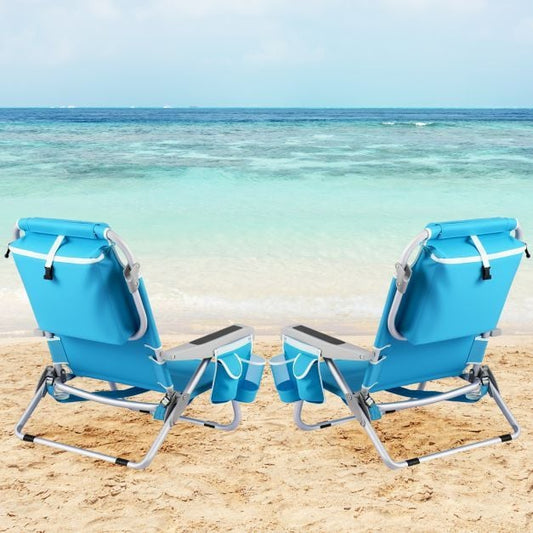Folding Backpack Beach Chair Set of 2 with 5-Position Backrest for Adults-Blue