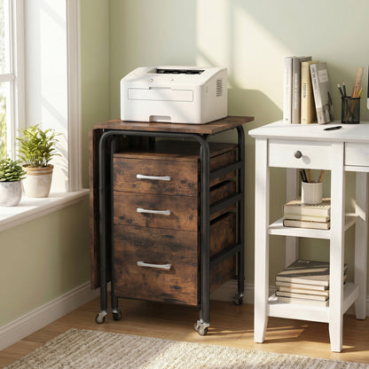Folding Desk with 3 Drawers Storage & Rolling Wheels for Living Room Space-Saving-Rustic Brown