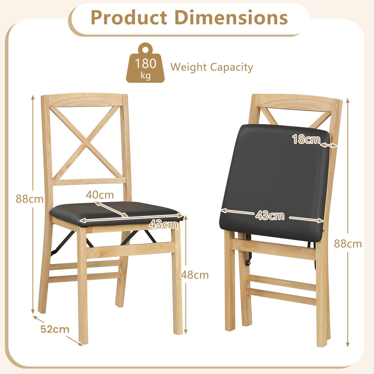 Folding Dining Chairs Set of 2 Kitchen Side Chairs with Padded Seat-Black