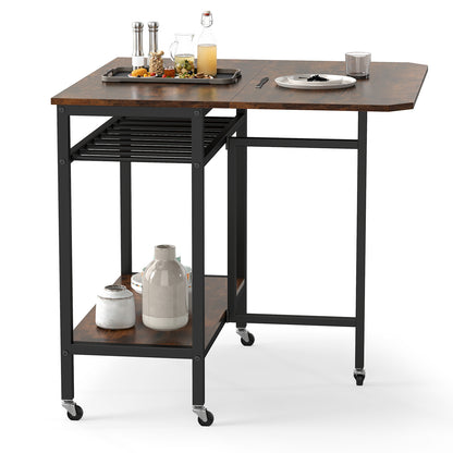 Folding Dining Table Movable Kitchen Table with Wine Rack Storage Shelf and Wheels-Rustic Brown