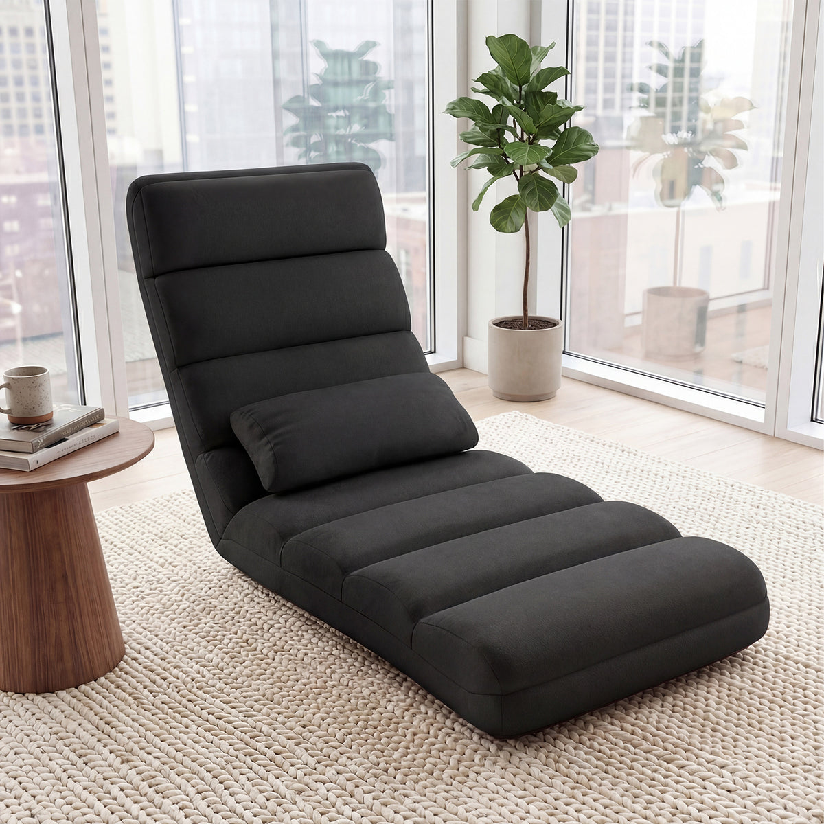 Folding Floor Lazy Sofa Chaise Lounge Sofa with Pillow-Black