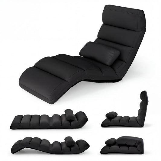 Folding Floor Lazy Sofa Chaise Lounge Sofa with Pillow-Black