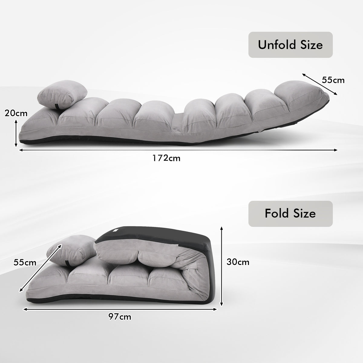 Folding Floor Lazy Sofa Chaise Lounge Sofa with Pillow-Grey