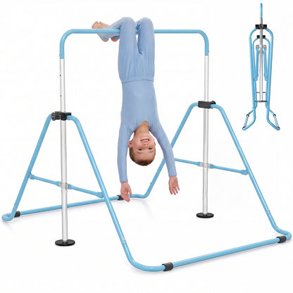 Folding Gymnastics Bar for Kids Height Adjustable Horizontal Kip Training Bar-Blue in blue, with a child hanging upside down