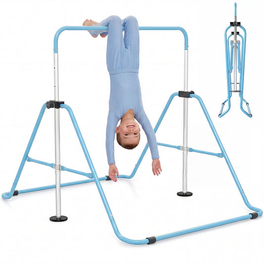 Folding Gymnastics Bar for Kids Height Adjustable Horizontal Kip Training Bar-Blue in blue, with a child hanging upside down