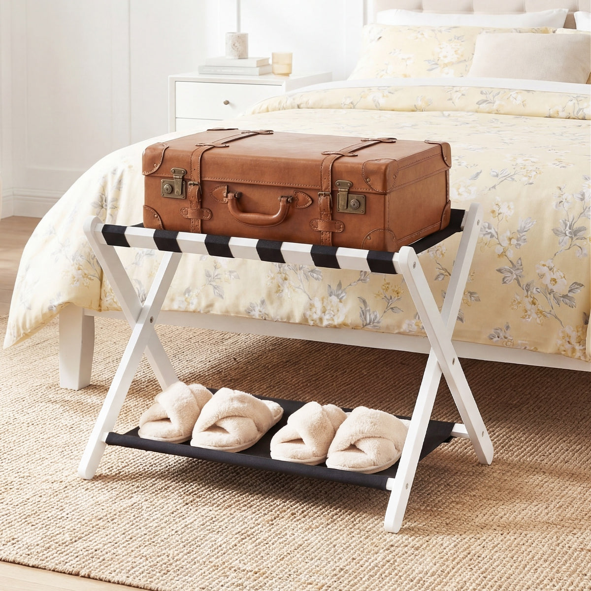 Folding Luggage Rack Solid Rubberwood Suitcase Stand with Nylon Shelves-White