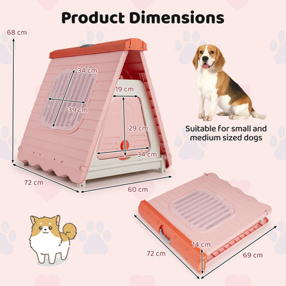 Folding Plastic Dog House with Lockable Flap Door Waterproof Pet Shelter-Pink