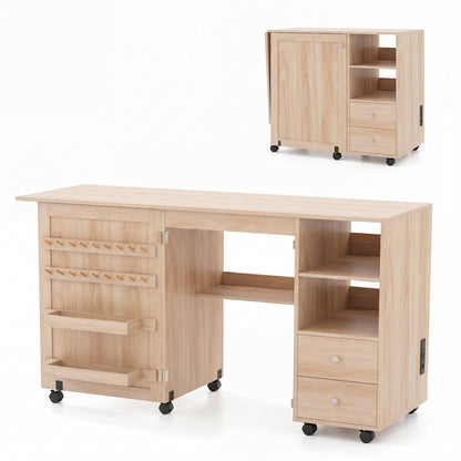Folding Sewing Table with Charging Station and Storage Shelves-Natural